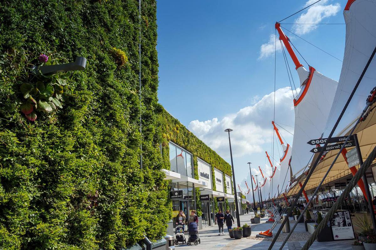 The exterior of a building with a living green wall, created by Biotecture